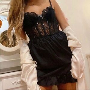 For Love & Lemons Lilou Floral Embroidered Bustier Satin Slip Mini Dress